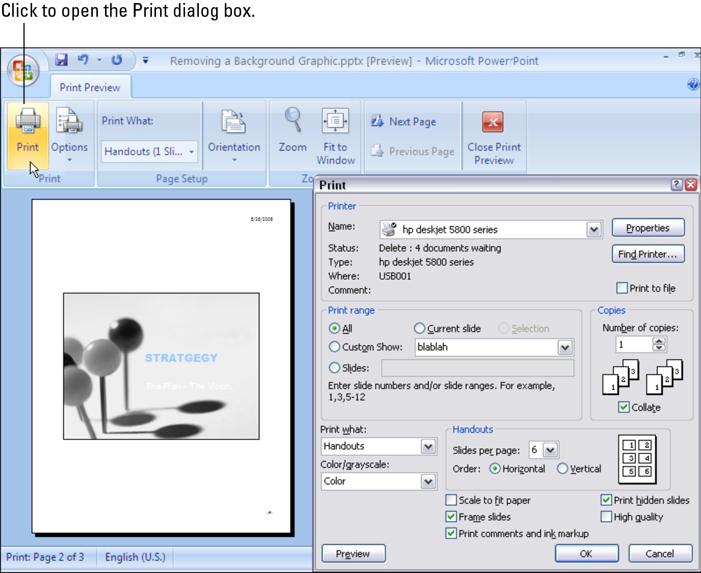 Figure 2-5: You can print starting from the Print Preview window or the Print dialog box.